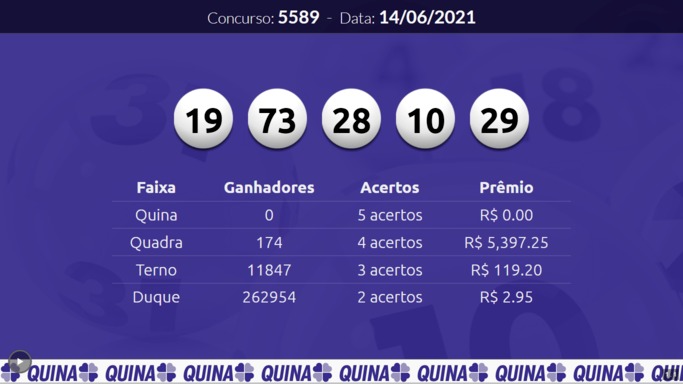 Tela de resultados - Quina